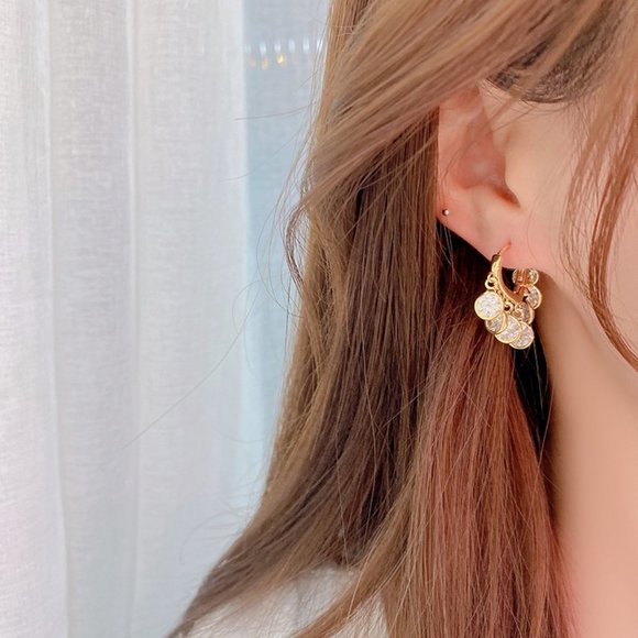 NEW 14K Gold Plated Round Diamond Drop Huggie Hoop Earrings - Picture 3 of 8